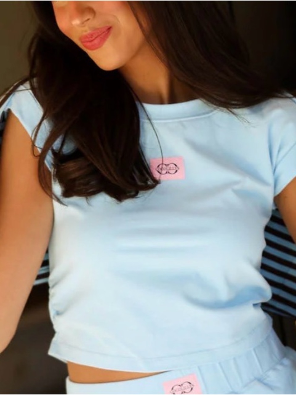 🩵 M Cocolillys Blue Short Sleeve Cropped Tee Crop in Blue